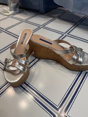 Stuart Weitzman Metallic Silver Braided Cork Wedge Sandals
